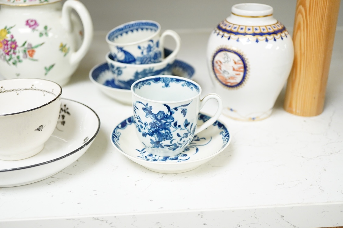 18th century tableware to include Chamberlains Worcester dish and blue and white Worcester teacups, largest 14cm high